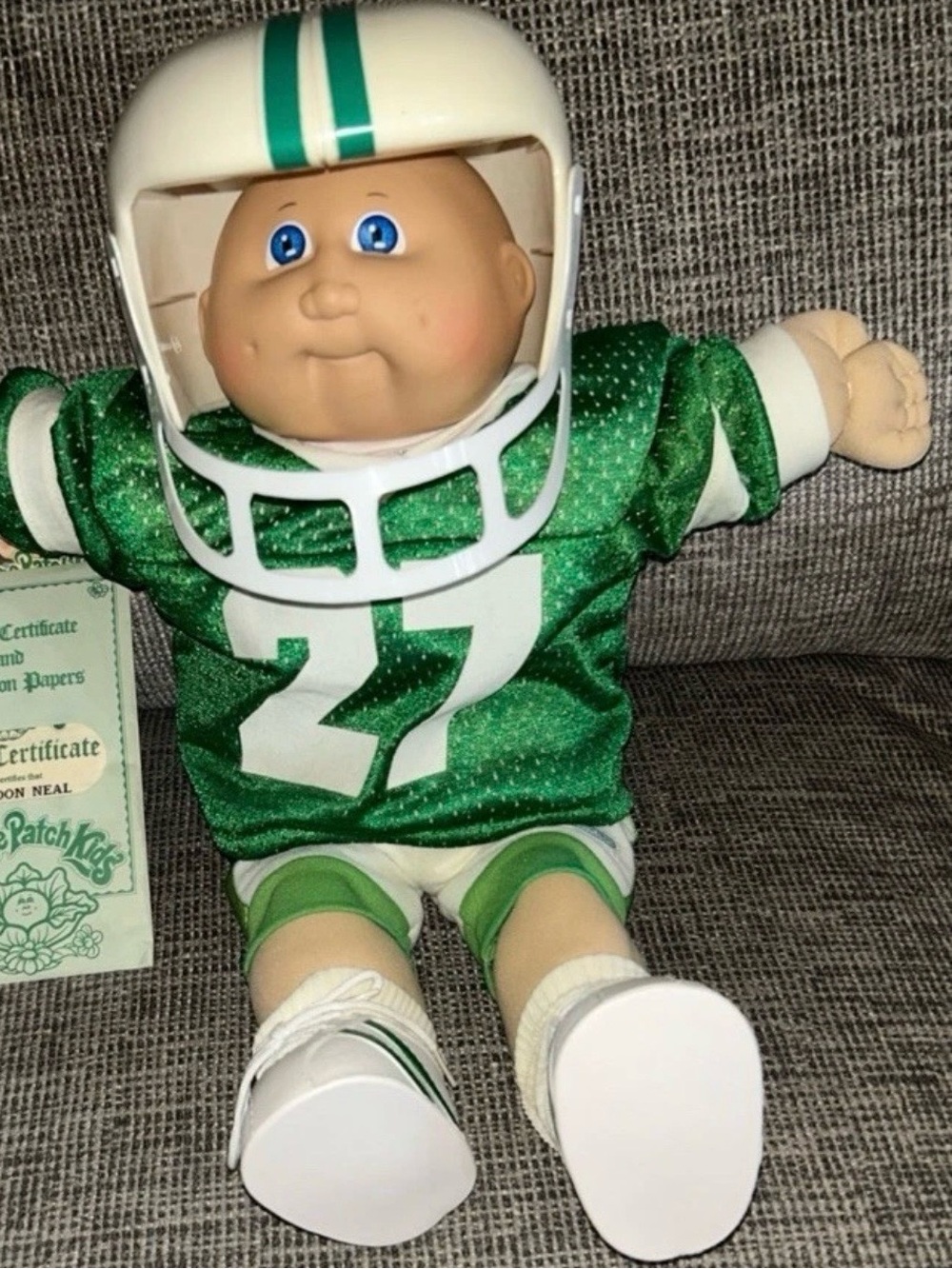 Cabbage Patch Kids wearing Green Football outfits with Helmet